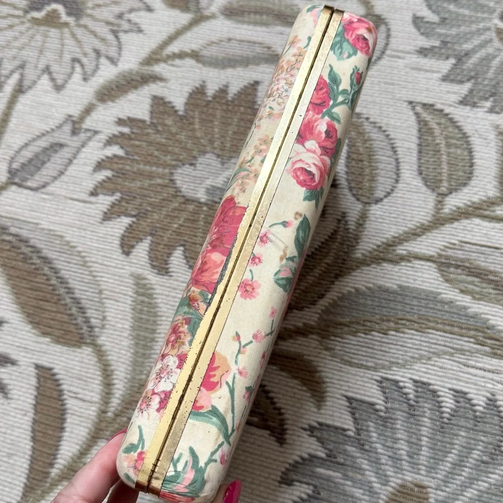 Vintage Jewelry Box Travel Hard Sided Hard Shell Pink Floral Fabric Case